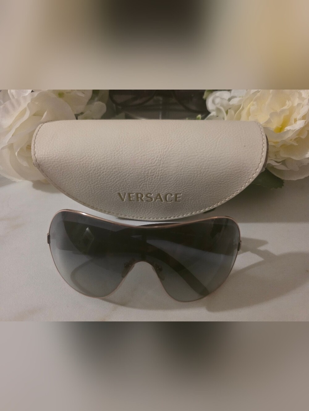 Versace Gold-Trim Shield Sunglasses with Cream Case